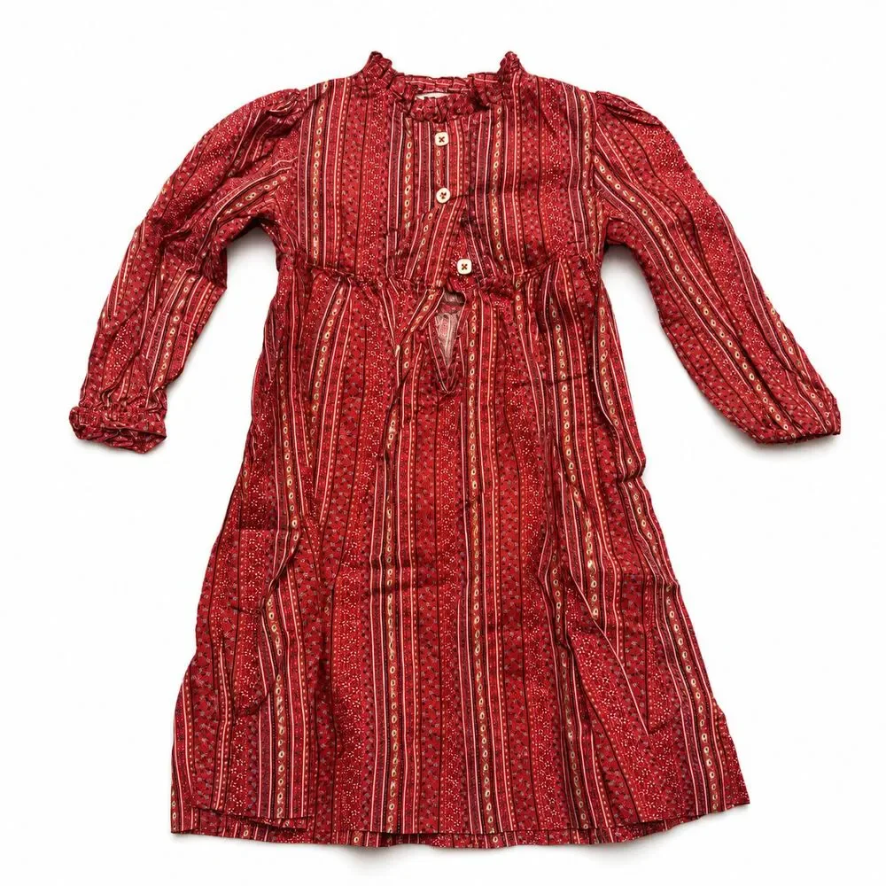 Vintage 1980s Heather Holloway Girls Prairie Dress Red Calico Floral Size 4/5